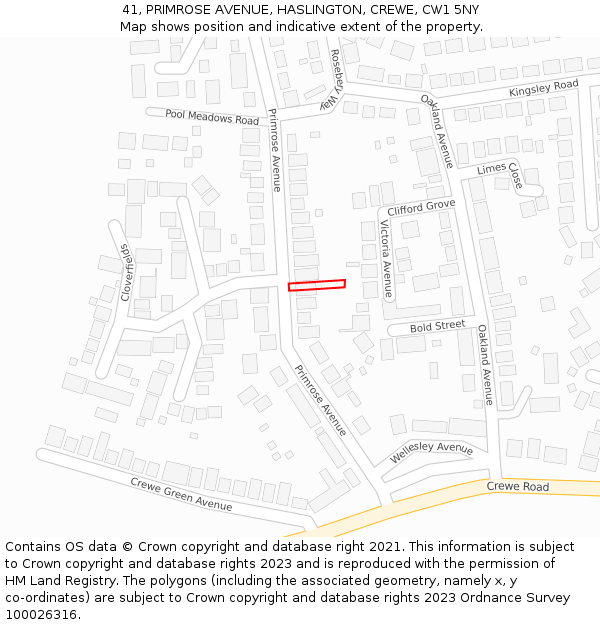 41, PRIMROSE AVENUE, HASLINGTON, CREWE, CW1 5NY: Location map and indicative extent of plot