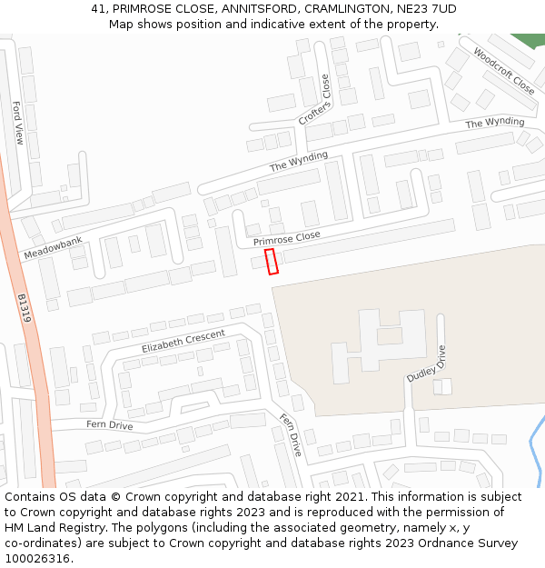 41, PRIMROSE CLOSE, ANNITSFORD, CRAMLINGTON, NE23 7UD: Location map and indicative extent of plot