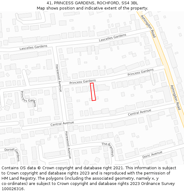 41, PRINCESS GARDENS, ROCHFORD, SS4 3BL: Location map and indicative extent of plot