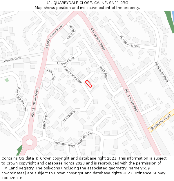 41, QUARRYDALE CLOSE, CALNE, SN11 0BG: Location map and indicative extent of plot