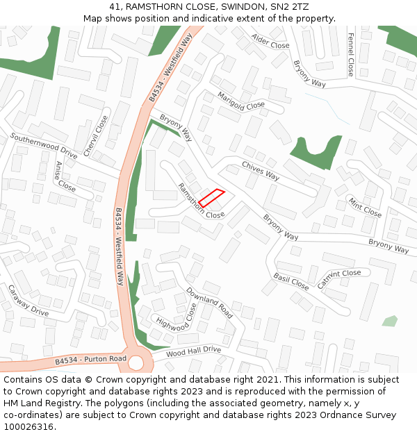 41, RAMSTHORN CLOSE, SWINDON, SN2 2TZ: Location map and indicative extent of plot