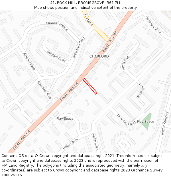 41, ROCK HILL, BROMSGROVE, B61 7LL: Location map and indicative extent of plot