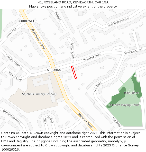 41, ROSELAND ROAD, KENILWORTH, CV8 1GA: Location map and indicative extent of plot