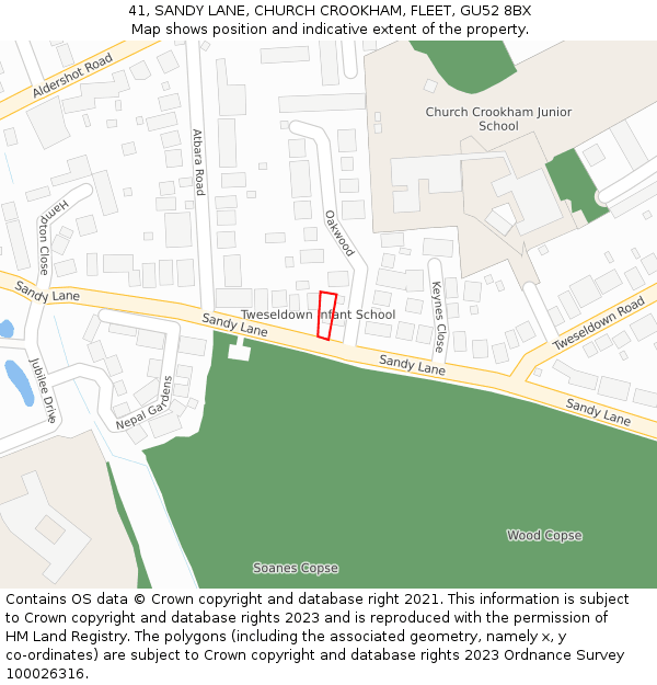 41, SANDY LANE, CHURCH CROOKHAM, FLEET, GU52 8BX: Location map and indicative extent of plot