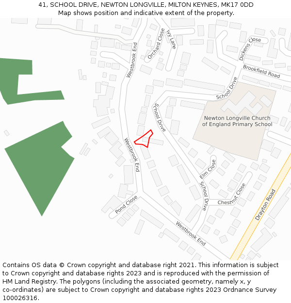 41, SCHOOL DRIVE, NEWTON LONGVILLE, MILTON KEYNES, MK17 0DD: Location map and indicative extent of plot