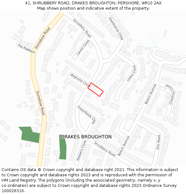 41, SHRUBBERY ROAD, DRAKES BROUGHTON, PERSHORE, WR10 2AX: Location map and indicative extent of plot