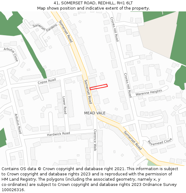 41, SOMERSET ROAD, REDHILL, RH1 6LT: Location map and indicative extent of plot