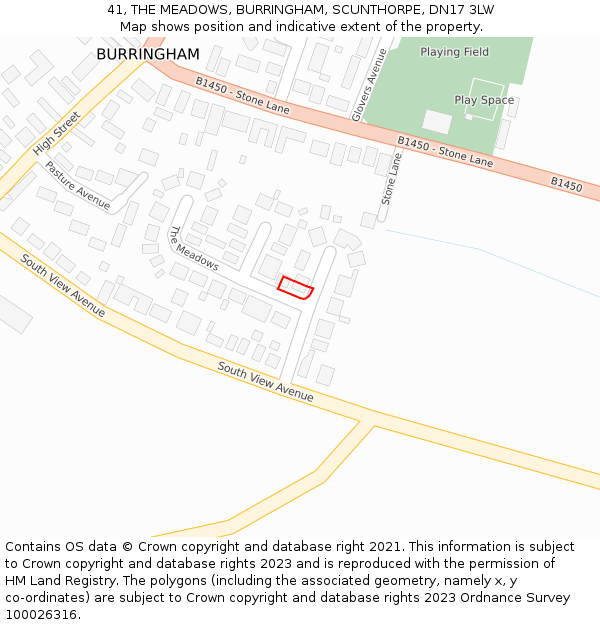 41, THE MEADOWS, BURRINGHAM, SCUNTHORPE, DN17 3LW: Location map and indicative extent of plot