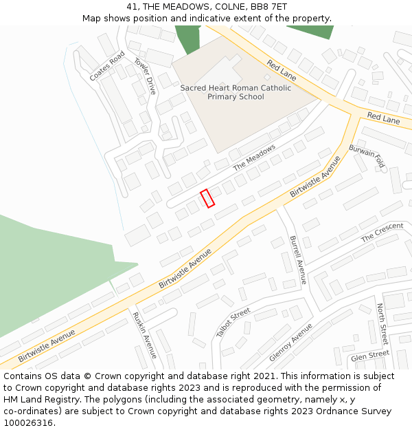 41, THE MEADOWS, COLNE, BB8 7ET: Location map and indicative extent of plot