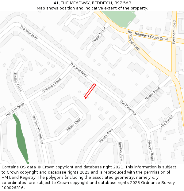 41, THE MEADWAY, REDDITCH, B97 5AB: Location map and indicative extent of plot