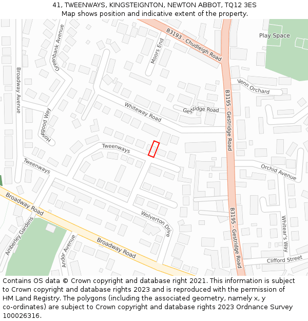 41, TWEENWAYS, KINGSTEIGNTON, NEWTON ABBOT, TQ12 3ES: Location map and indicative extent of plot