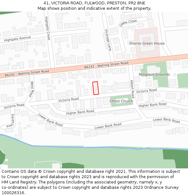 41, VICTORIA ROAD, FULWOOD, PRESTON, PR2 8NE: Location map and indicative extent of plot