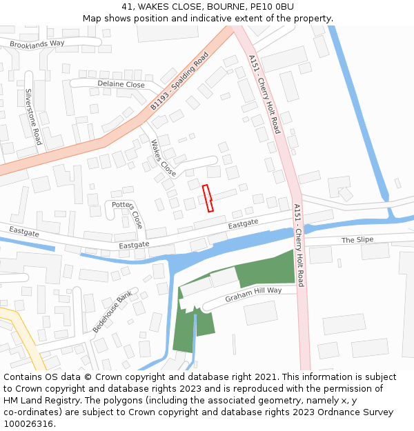 41, WAKES CLOSE, BOURNE, PE10 0BU: Location map and indicative extent of plot