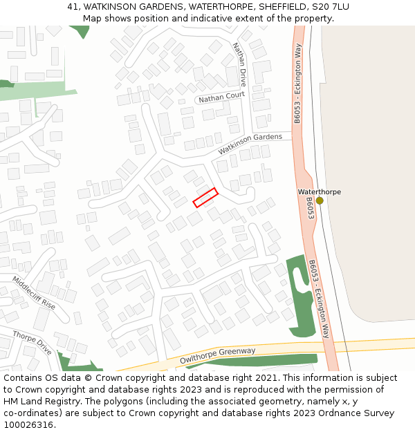 41, WATKINSON GARDENS, WATERTHORPE, SHEFFIELD, S20 7LU: Location map and indicative extent of plot