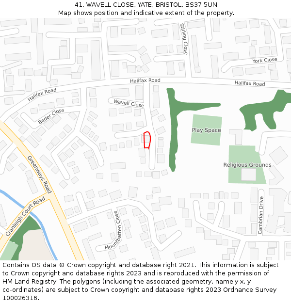 41, WAVELL CLOSE, YATE, BRISTOL, BS37 5UN: Location map and indicative extent of plot