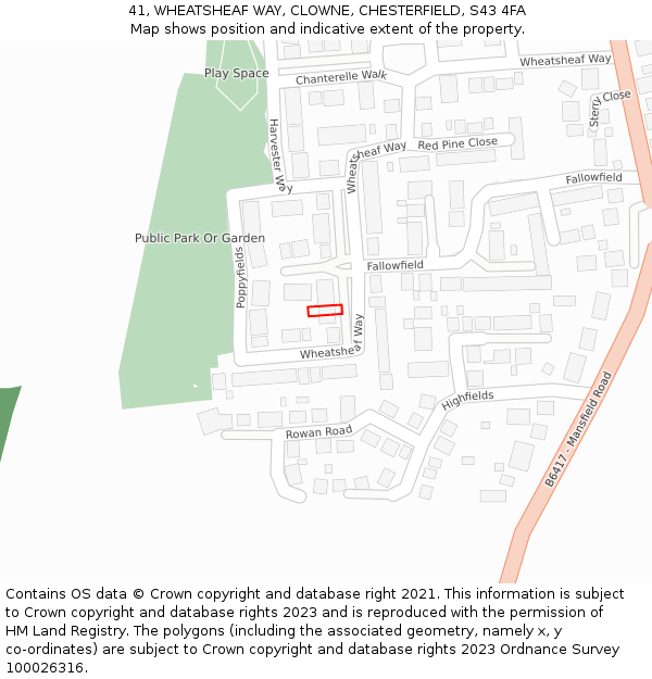 41, WHEATSHEAF WAY, CLOWNE, CHESTERFIELD, S43 4FA: Location map and indicative extent of plot