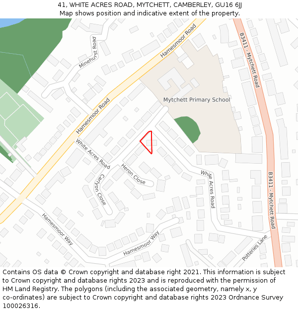 41, WHITE ACRES ROAD, MYTCHETT, CAMBERLEY, GU16 6JJ: Location map and indicative extent of plot