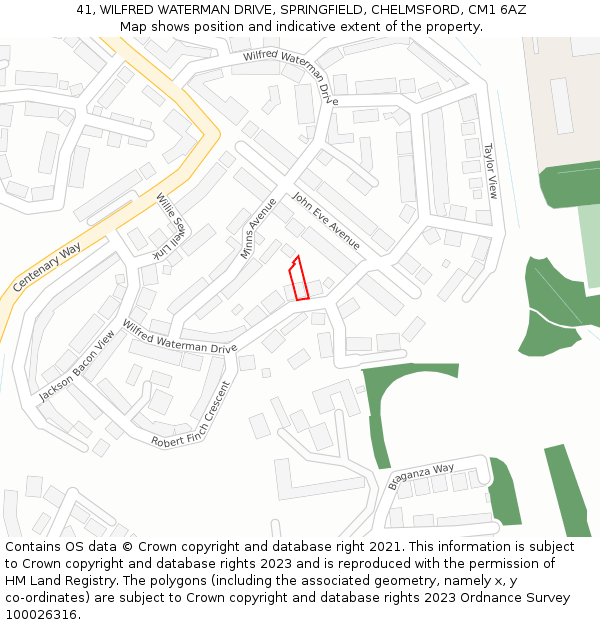 41, WILFRED WATERMAN DRIVE, SPRINGFIELD, CHELMSFORD, CM1 6AZ: Location map and indicative extent of plot