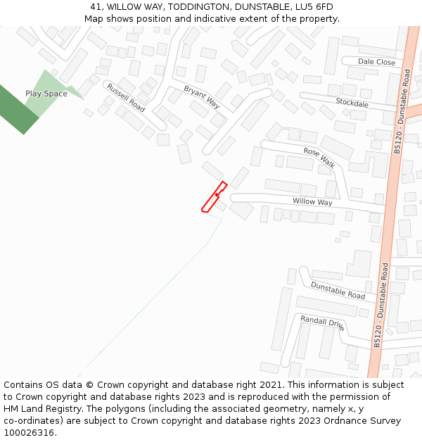 41, WILLOW WAY, TODDINGTON, DUNSTABLE, LU5 6FD: Location map and indicative extent of plot