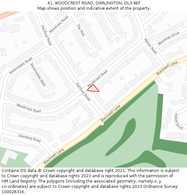 41, WOODCREST ROAD, DARLINGTON, DL3 8EF: Location map and indicative extent of plot