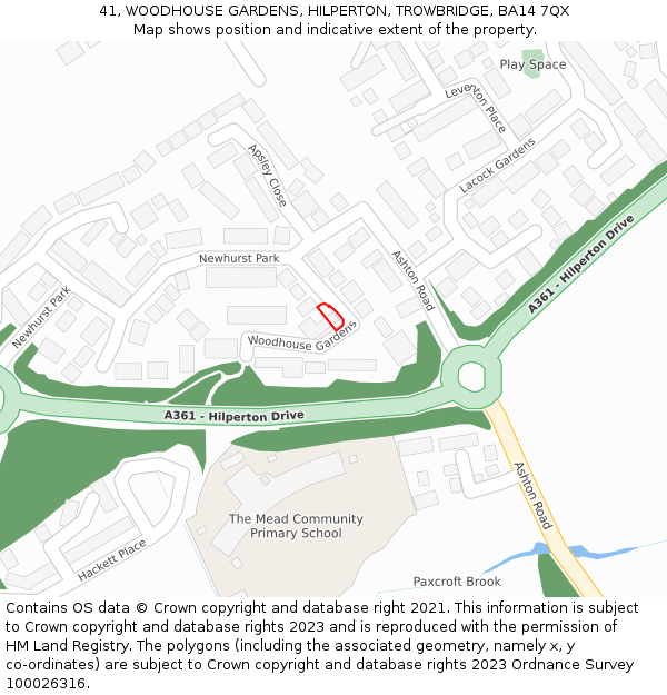 41, WOODHOUSE GARDENS, HILPERTON, TROWBRIDGE, BA14 7QX: Location map and indicative extent of plot