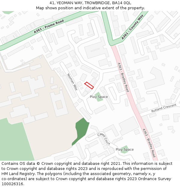 41, YEOMAN WAY, TROWBRIDGE, BA14 0QL: Location map and indicative extent of plot