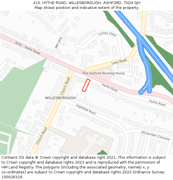 410, HYTHE ROAD, WILLESBOROUGH, ASHFORD, TN24 0JH: Location map and indicative extent of plot