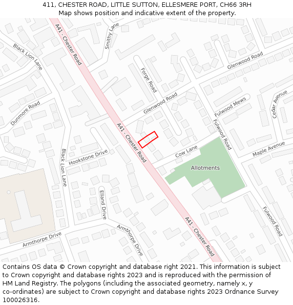 411, CHESTER ROAD, LITTLE SUTTON, ELLESMERE PORT, CH66 3RH: Location map and indicative extent of plot