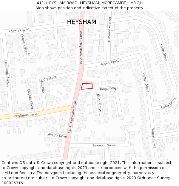 411, HEYSHAM ROAD, HEYSHAM, MORECAMBE, LA3 2JH: Location map and indicative extent of plot