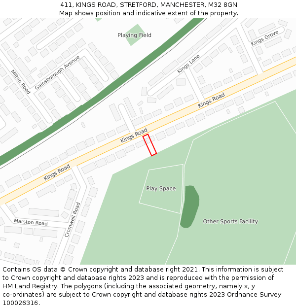 411, KINGS ROAD, STRETFORD, MANCHESTER, M32 8GN: Location map and indicative extent of plot