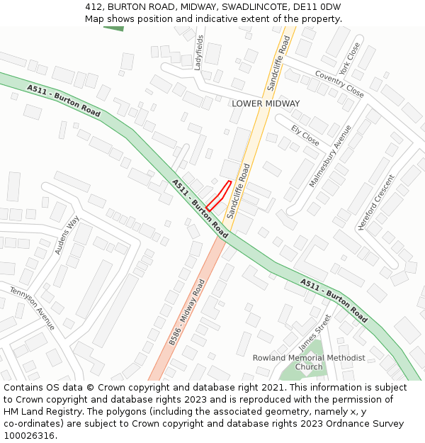 412, BURTON ROAD, MIDWAY, SWADLINCOTE, DE11 0DW: Location map and indicative extent of plot