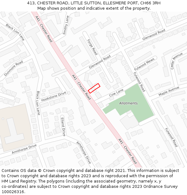 413, CHESTER ROAD, LITTLE SUTTON, ELLESMERE PORT, CH66 3RH: Location map and indicative extent of plot