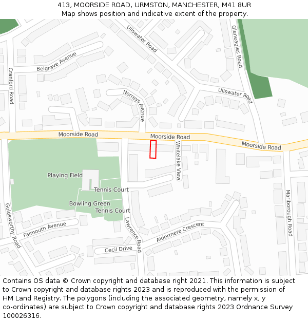 413, MOORSIDE ROAD, URMSTON, MANCHESTER, M41 8UR: Location map and indicative extent of plot