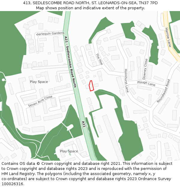 413, SEDLESCOMBE ROAD NORTH, ST. LEONARDS-ON-SEA, TN37 7PD: Location map and indicative extent of plot