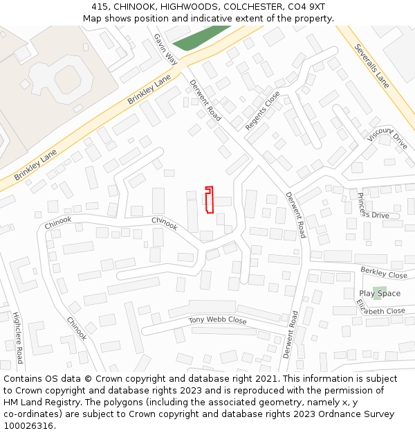 415, CHINOOK, HIGHWOODS, COLCHESTER, CO4 9XT: Location map and indicative extent of plot