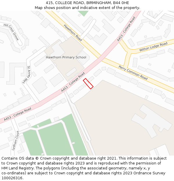 415, COLLEGE ROAD, BIRMINGHAM, B44 0HE: Location map and indicative extent of plot