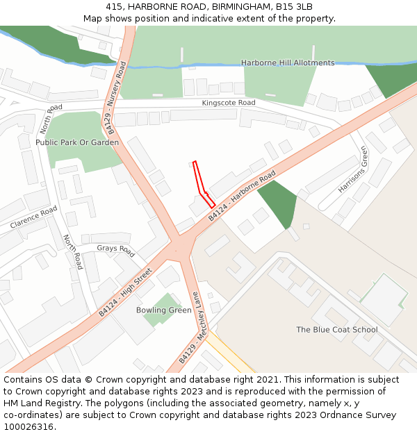 415, HARBORNE ROAD, BIRMINGHAM, B15 3LB: Location map and indicative extent of plot