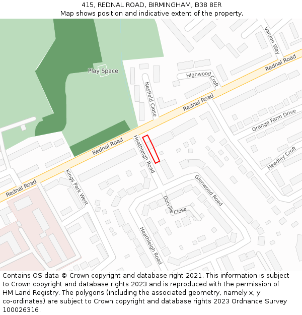 415, REDNAL ROAD, BIRMINGHAM, B38 8ER: Location map and indicative extent of plot