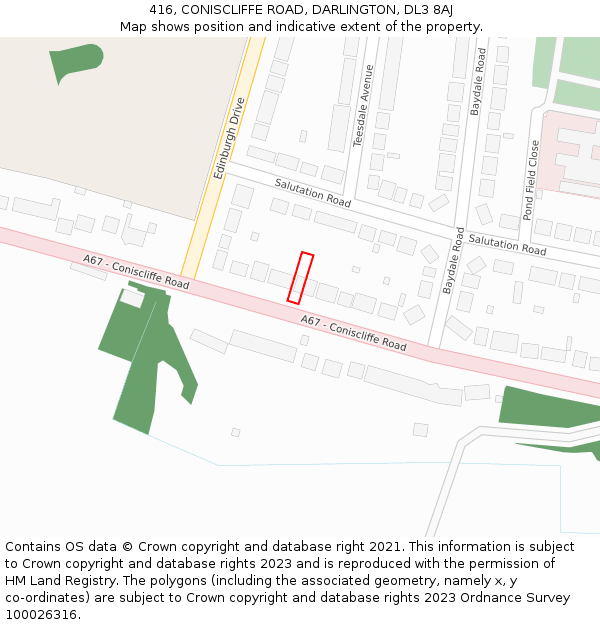 416, CONISCLIFFE ROAD, DARLINGTON, DL3 8AJ: Location map and indicative extent of plot