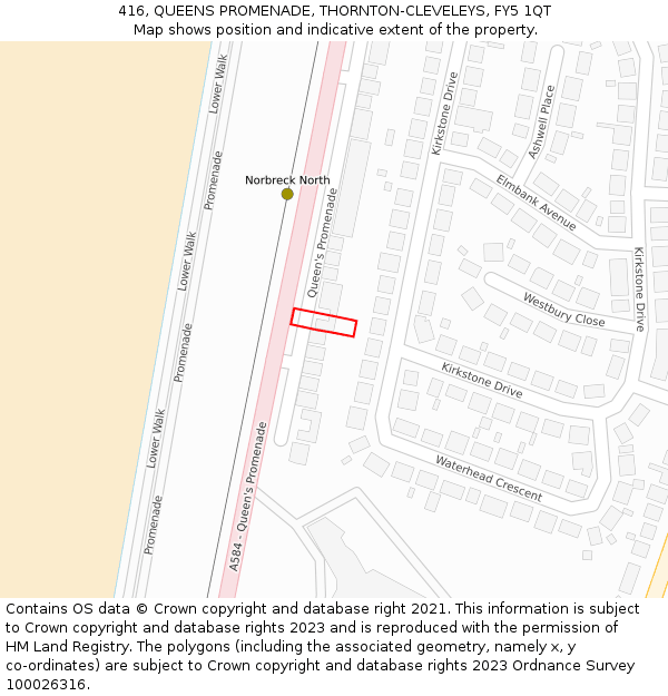 416, QUEENS PROMENADE, THORNTON-CLEVELEYS, FY5 1QT: Location map and indicative extent of plot