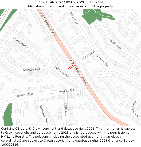 417, BLANDFORD ROAD, POOLE, BH15 4JN: Location map and indicative extent of plot