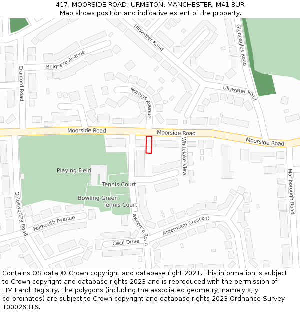 417, MOORSIDE ROAD, URMSTON, MANCHESTER, M41 8UR: Location map and indicative extent of plot