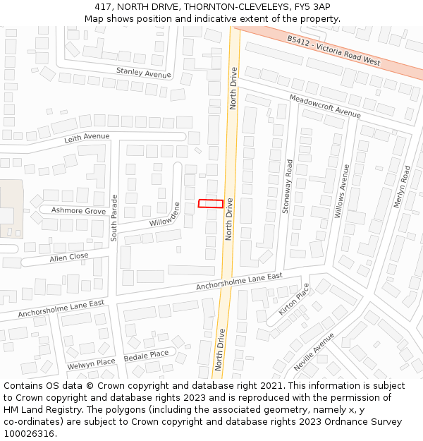 417, NORTH DRIVE, THORNTON-CLEVELEYS, FY5 3AP: Location map and indicative extent of plot