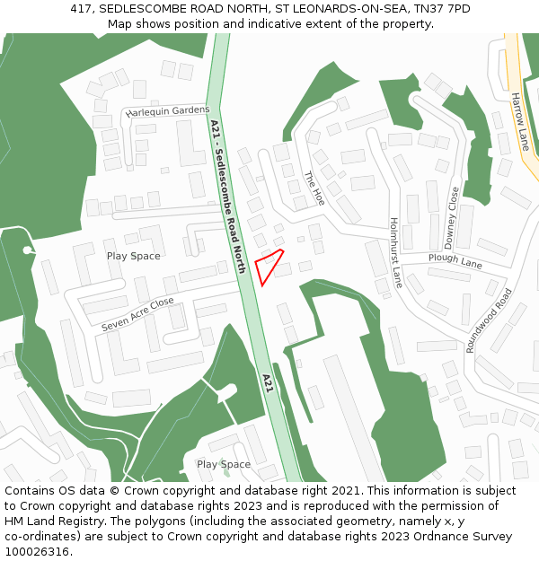 417, SEDLESCOMBE ROAD NORTH, ST LEONARDS-ON-SEA, TN37 7PD: Location map and indicative extent of plot