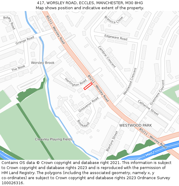 417, WORSLEY ROAD, ECCLES, MANCHESTER, M30 8HG: Location map and indicative extent of plot