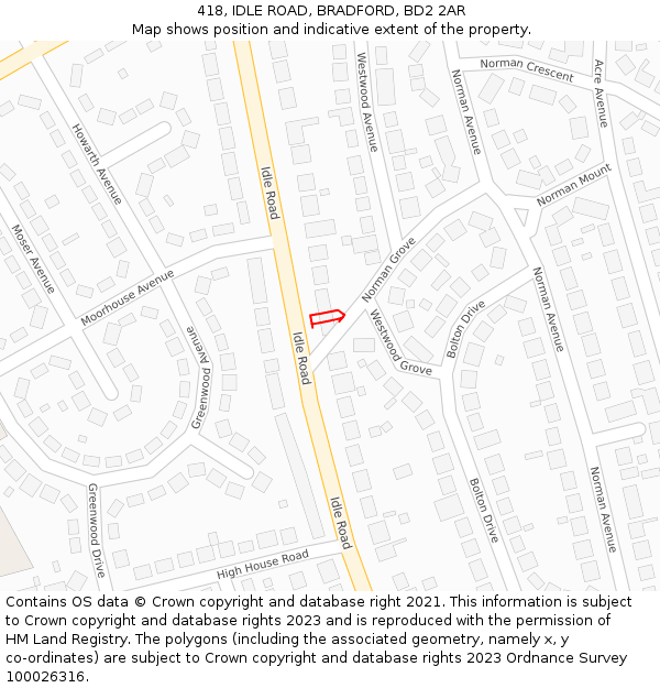 418, IDLE ROAD, BRADFORD, BD2 2AR: Location map and indicative extent of plot