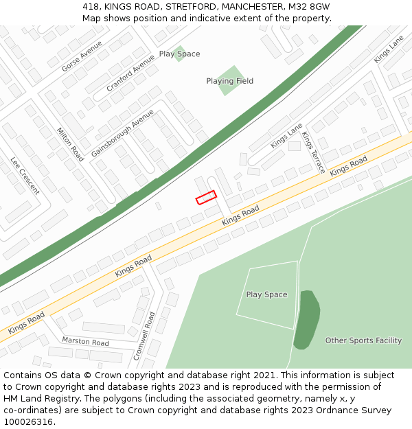 418, KINGS ROAD, STRETFORD, MANCHESTER, M32 8GW: Location map and indicative extent of plot