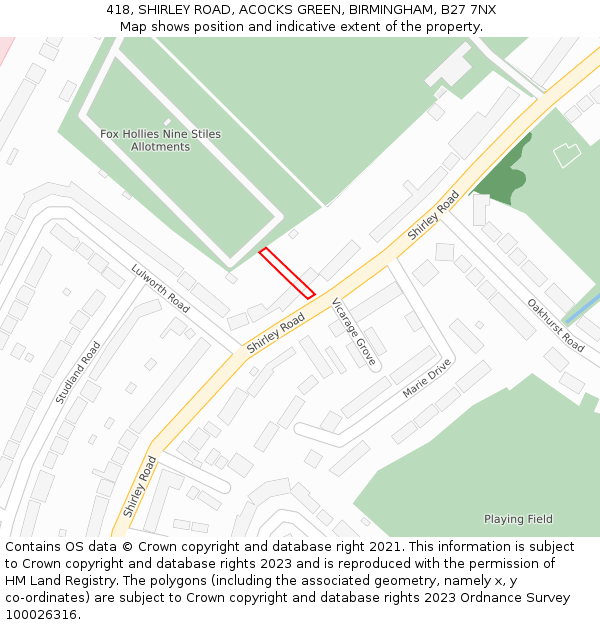 418, SHIRLEY ROAD, ACOCKS GREEN, BIRMINGHAM, B27 7NX: Location map and indicative extent of plot