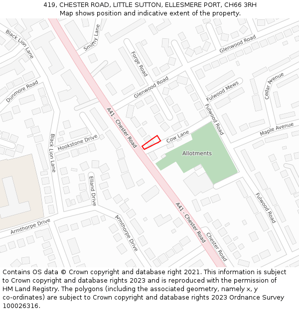 419, CHESTER ROAD, LITTLE SUTTON, ELLESMERE PORT, CH66 3RH: Location map and indicative extent of plot