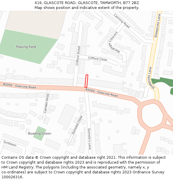 419, GLASCOTE ROAD, GLASCOTE, TAMWORTH, B77 2BZ: Location map and indicative extent of plot